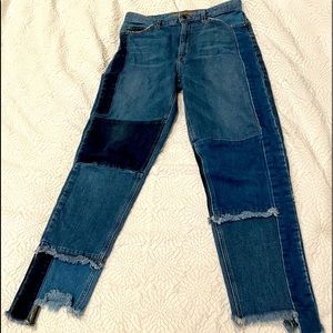 Patched designer jeans dark and light denim